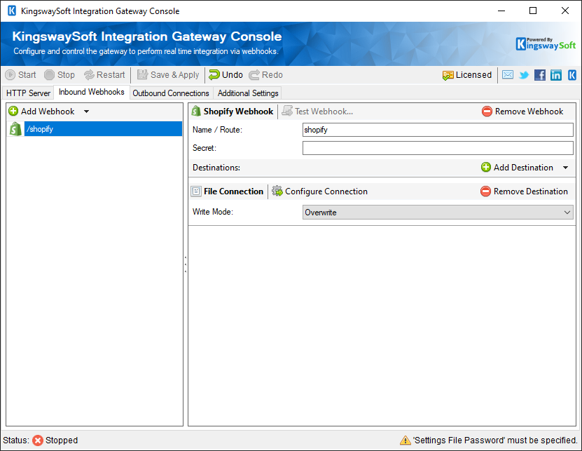 KingswaySoft Integration Gateway Console - Inbound Webhooks - Shopify